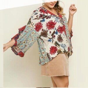 Umgee Floral Patchwork Blouse - Red, Blue, Cream